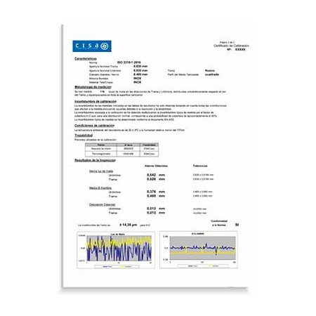 Cisa Certificado de calibracion segun norma: ISO 3310.1 - ISO 3310.2 - ASTM E-11 - BS 410 - AFNOR NF