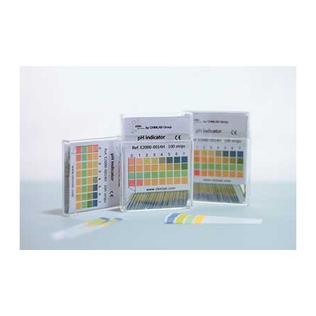 Tiras plásticas indicadoras de pH, rango 0-14, 4 colores. C/ de 100 u.