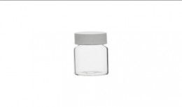 Vial roscado transparente con tapón blanco y junta de EPE, 26 ml, 121 uds
